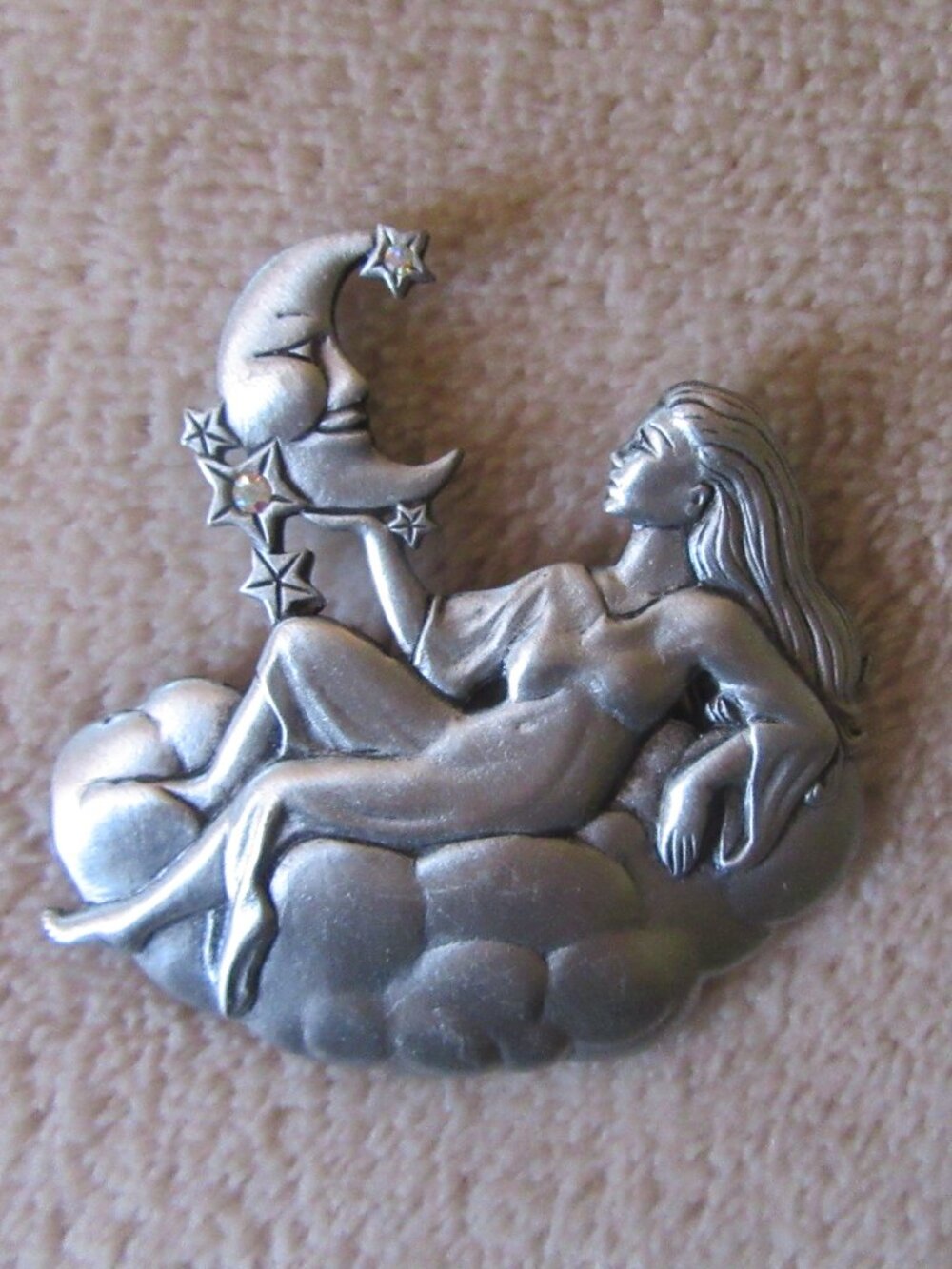 Vtg 90s JJ Jonette Pewter Fairy Goddess Angel Crescent Moon Stars Celestial Pin